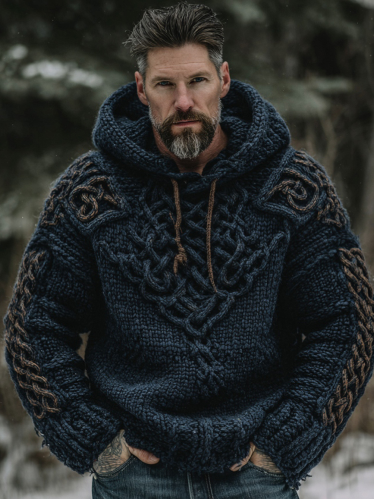 Men's Viking Celtic Knot Art Jacquard Chunky Knitted Cozy Hooded Sweater