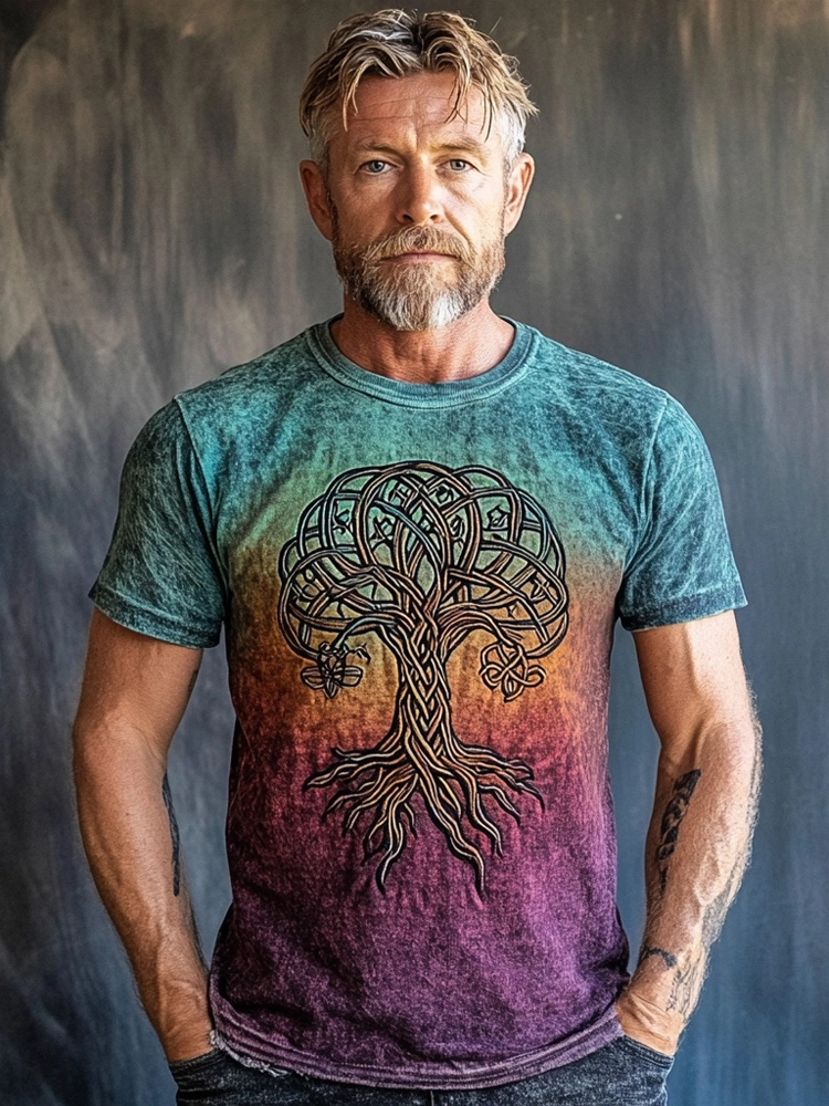 Men's Retro Viking Tree Of Life Embroidered Gradient Washed T Shirt