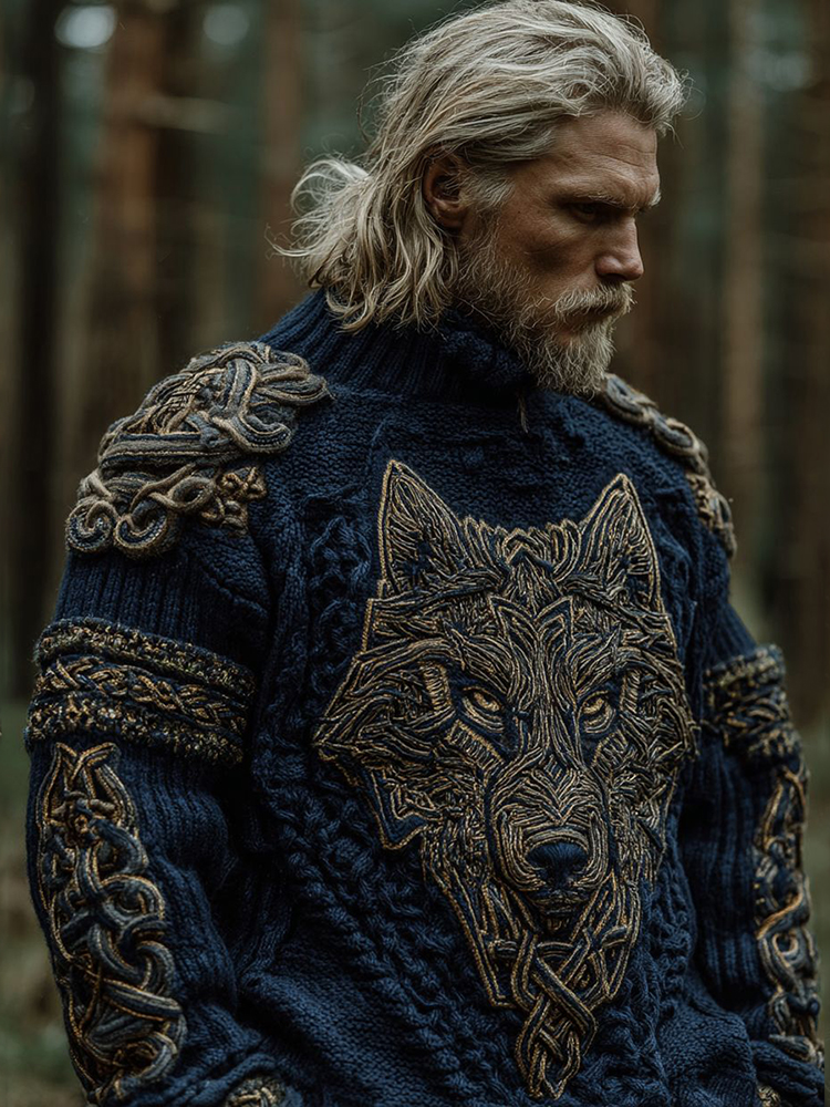 Men's Vintage Viking Wolf Pattern Knit Pullover Sweater