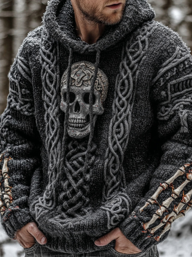 Celtic Knot Skeleton Tribal Art Jacquard Knitted Hooded Sweater
