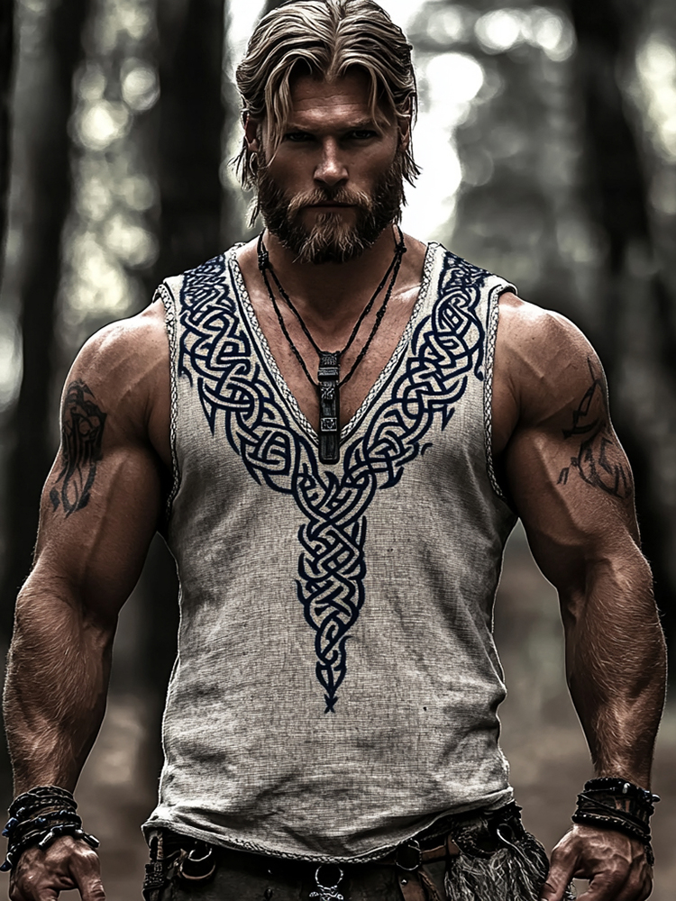 Men's Viking Tribal Celtic Art Linen Blend V Neck Tank Top