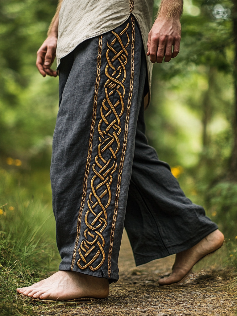 Vintage Viking Celtic Embroidery Art Linen Long Loose Wide-leg Pants