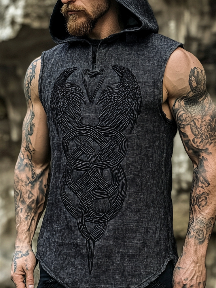 Men's Viking Ravens Celtic Knot Embroidered Hooded Linen Vest
