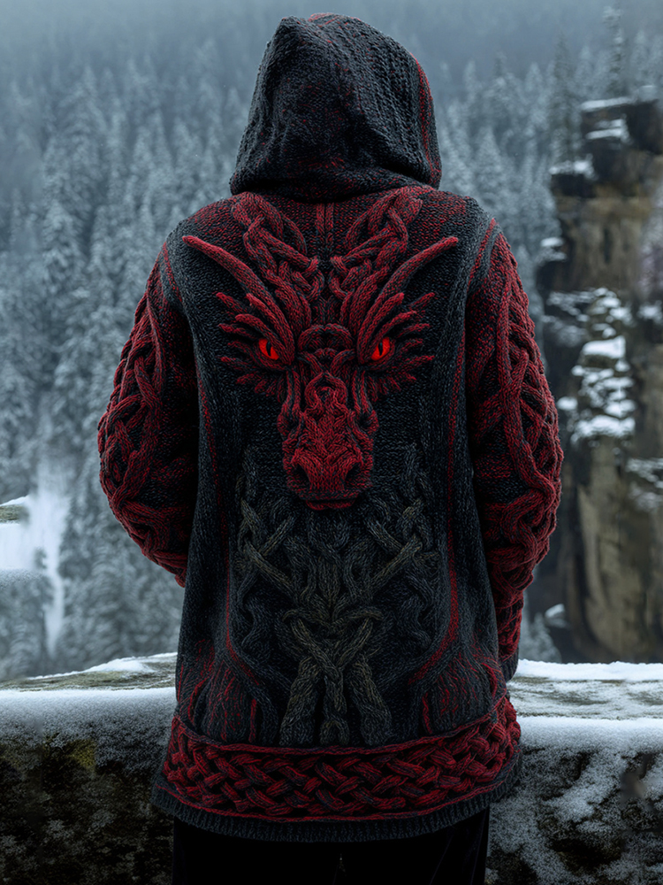 Men's Viking Red Dragon Style Celtic Thick Zip-up Cardigan Sweater