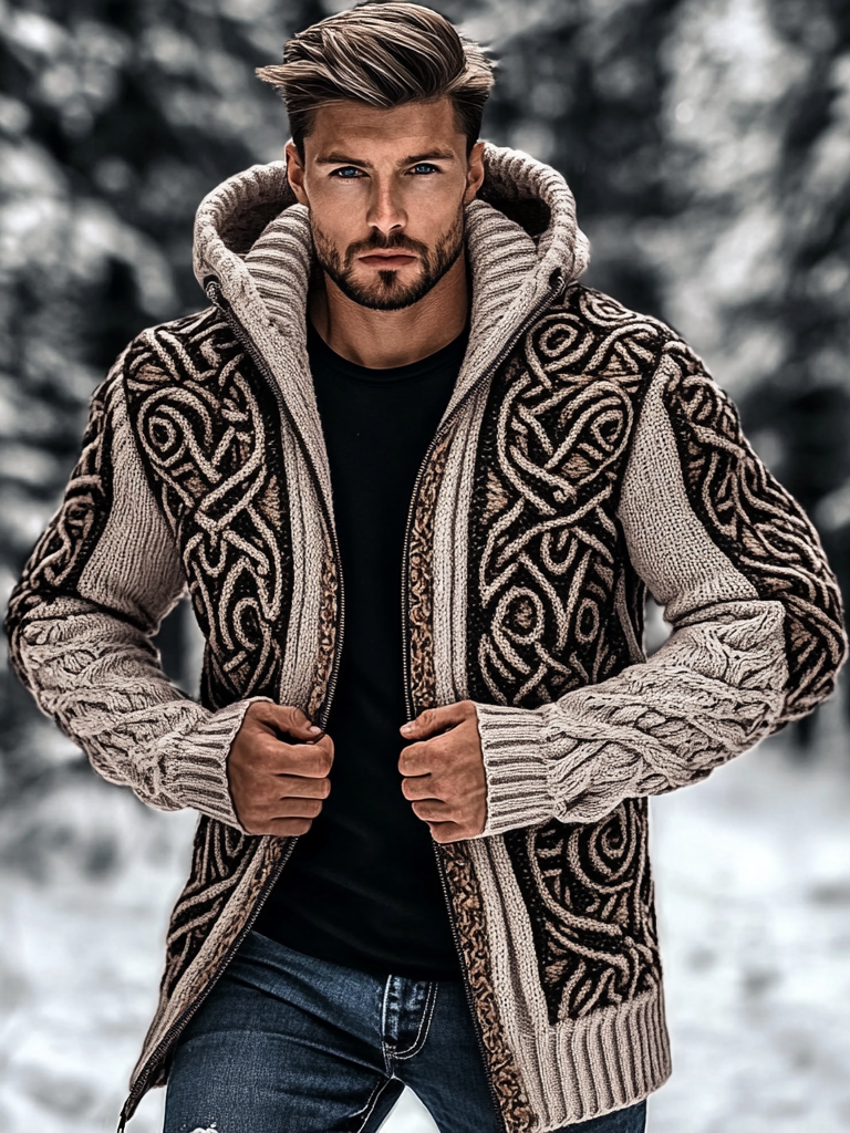 Men's Vintage Celtic Knot Jacquard Chunky Knit Cozy Mid-length Cardigan Sweater