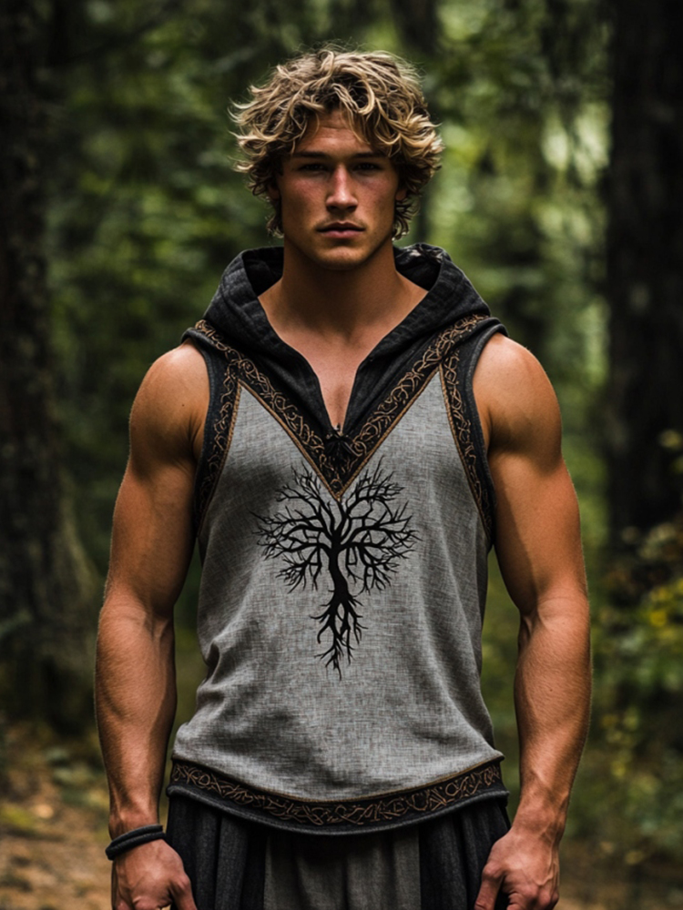 Men's Viking Tree Of Life Contrast Art Cozy Linen Hooded Vest