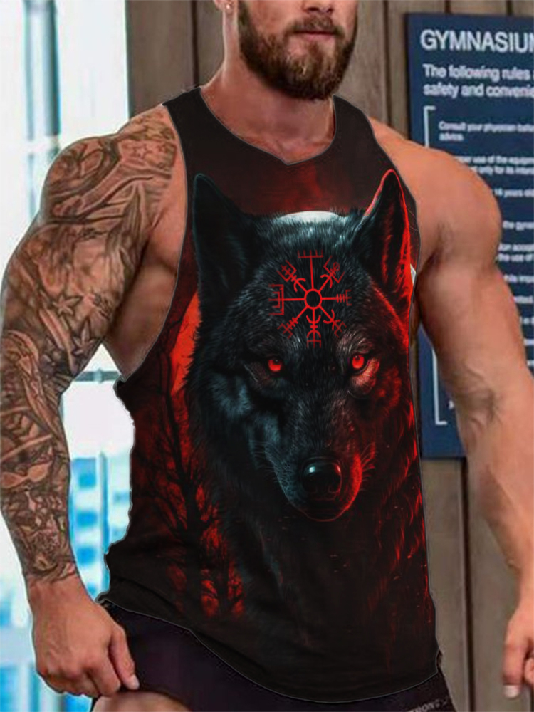 Men's Viking Vegvisir Bloody Night Wolf Graphic Tank Top