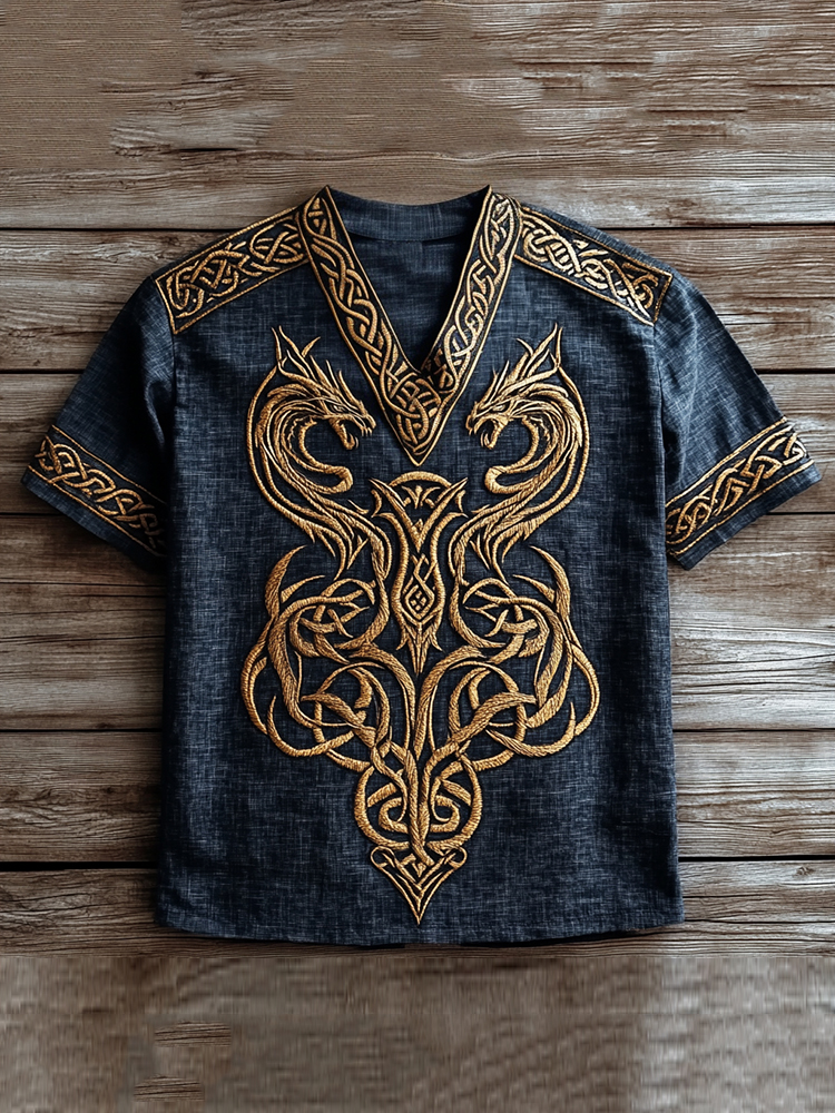 Men's Viking Tribal Dragon Celtic Art Linen V-neck T Shirt