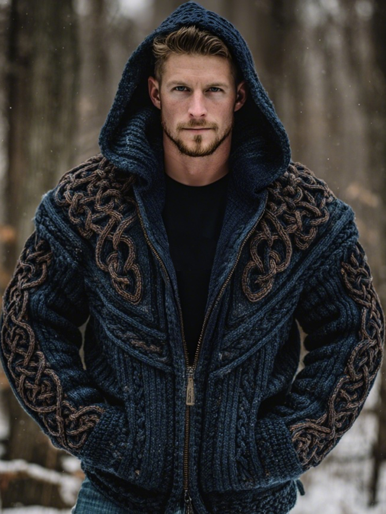 Men's Vintage Viking Celtic Knot Art Chunky Knit Hooded Zip-up Sweater