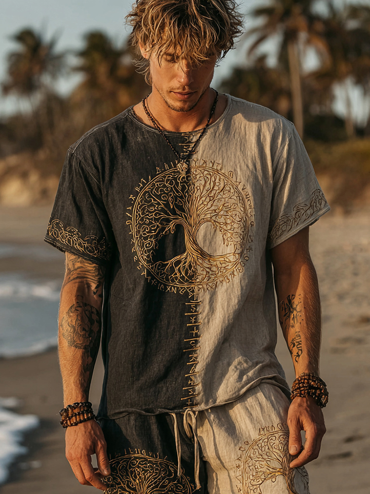 Men's Viking Tribal And Tree Of Life Embroidered Linen T-shirt