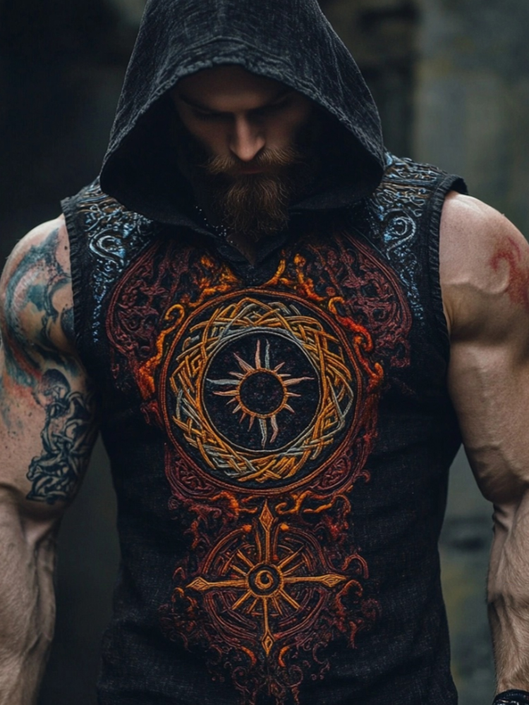 Nordic Mythology Sun Totem Men's Linen Hooded Tank