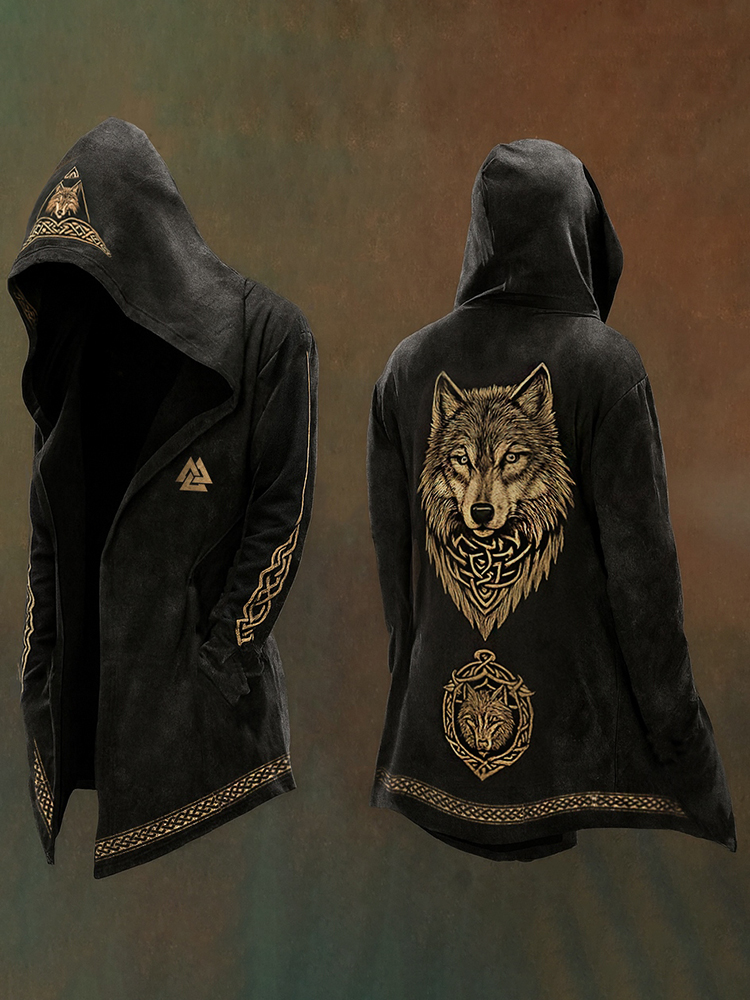 Men's Viking Nordic Wolf Design Streetwear Hooded Jacket