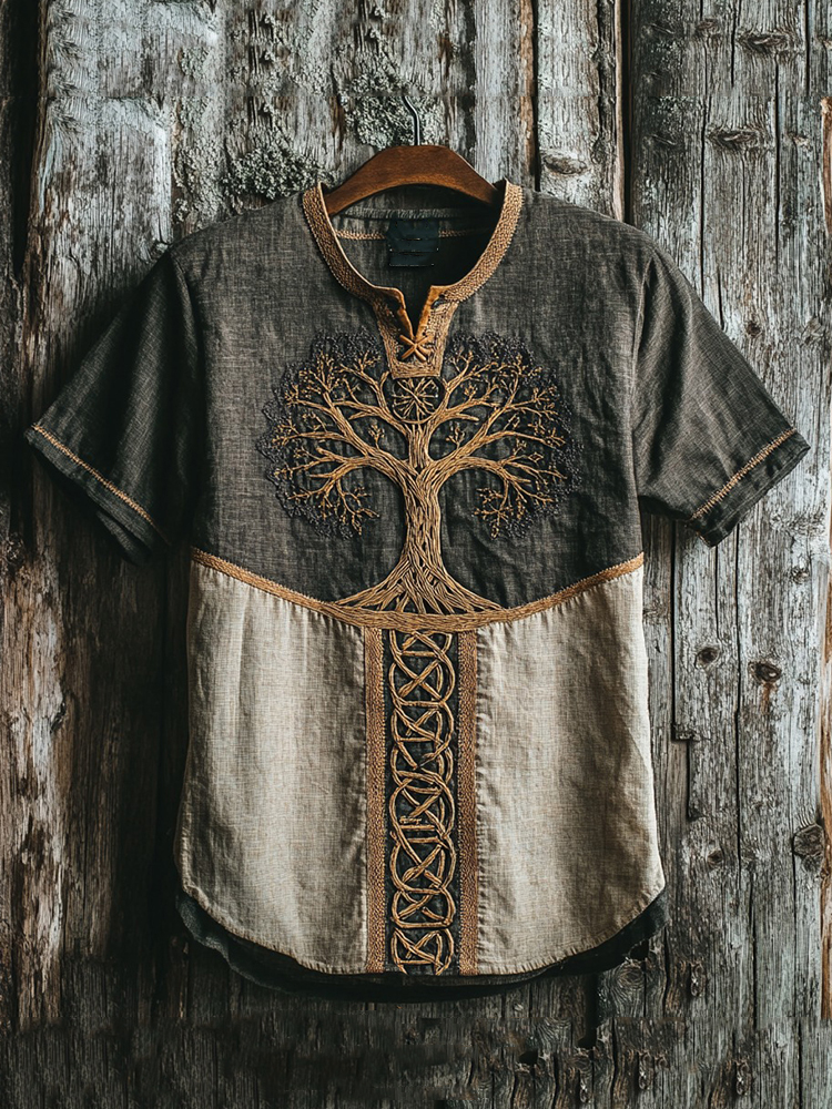 Men's Viking Tribal Tree Of Life Embroidery Celtic Art Linen T-shirt