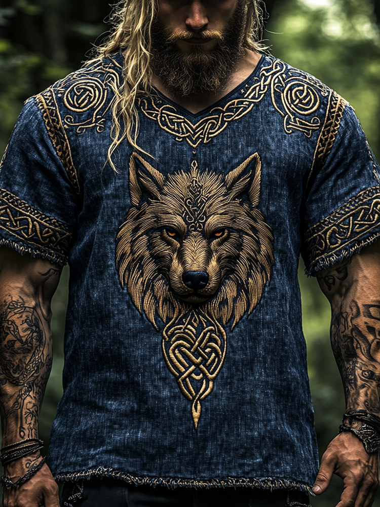 Men's Vintage Viking Wolf Print V-neck Linen Blend T-shirt