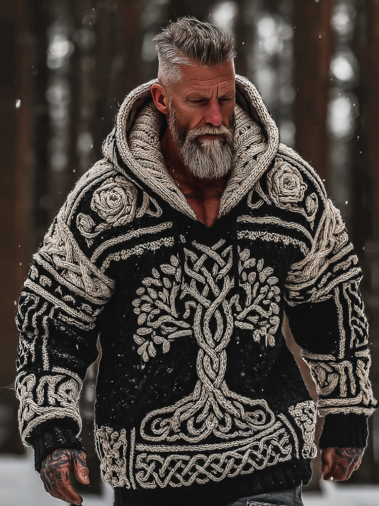 Men's Viking Tree Of Life And Rose Style Celtic Thick Hooded Sweater