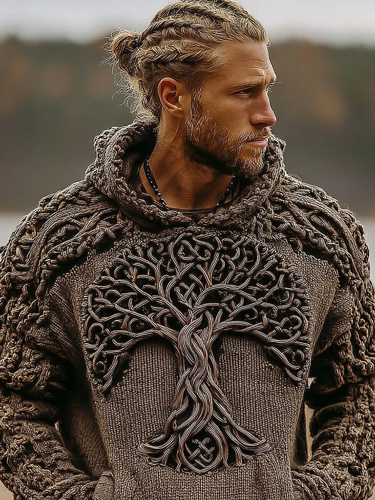 Men's Viking Celtic Knot Tree Of Life Knitted Warm Hooded Sweater