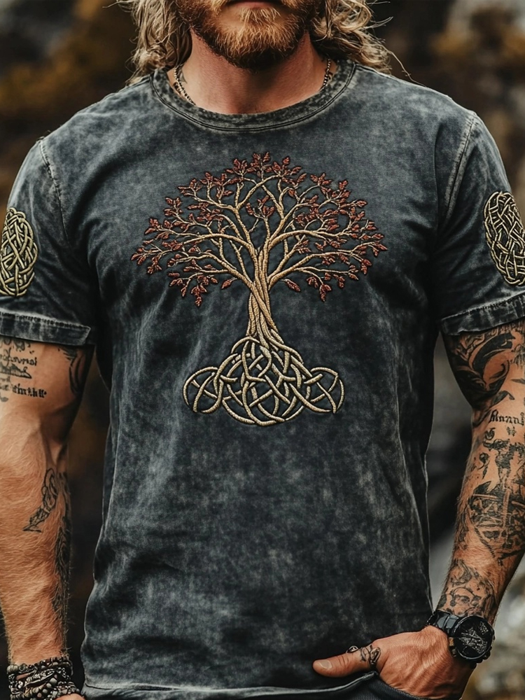 Men's Viking Tree Of Life Embroidered Washed T Shirt