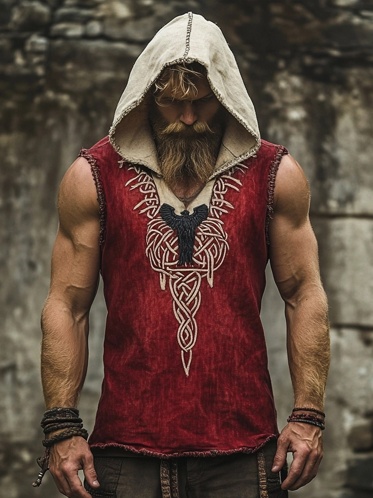 Men's Viking Celtic Embroidered Hooded Linen Tank Top
