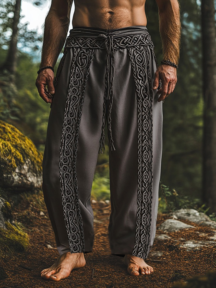 Vintage Tribal Viking Celtic Embroidery Art Linen Long Loose Wide-leg Pants
