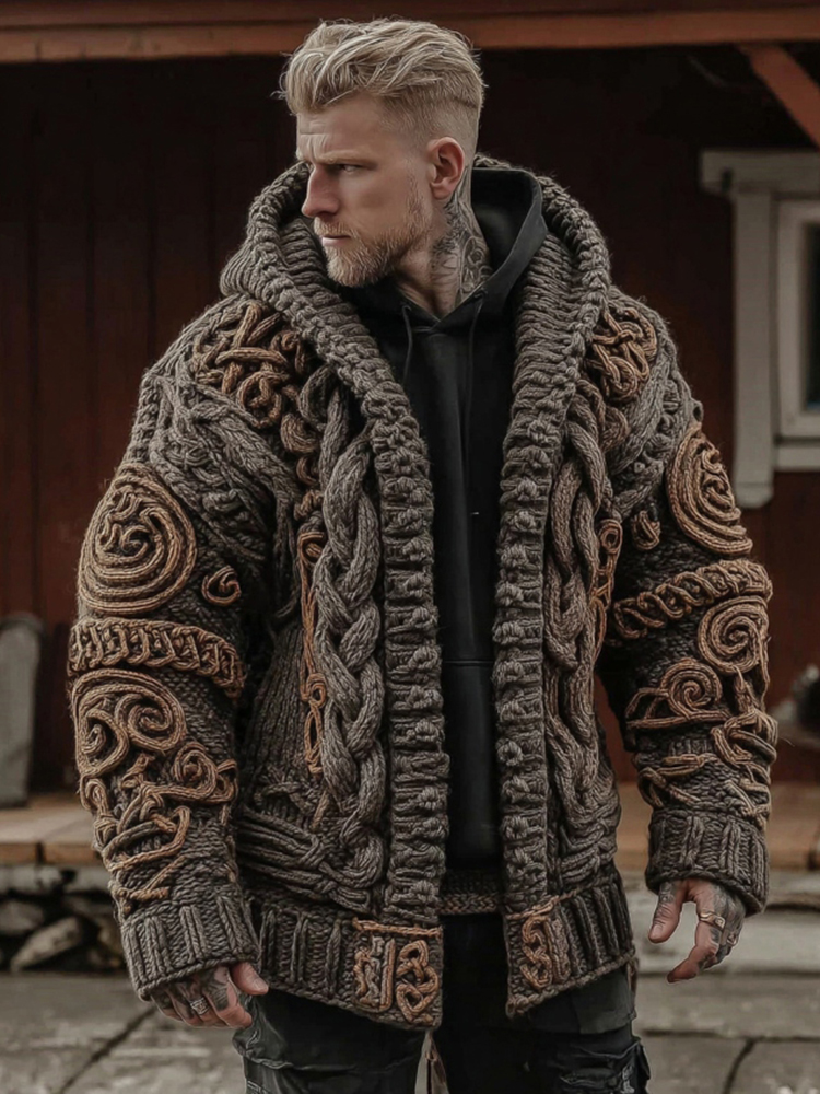 Men's Viking Celtic Knot Geometry Pattern Art Knitted Hooded Sweater