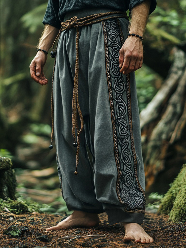 Vintage Tribal Viking Celtic Embroidery Art Linen Long Loose Wide-leg Pants