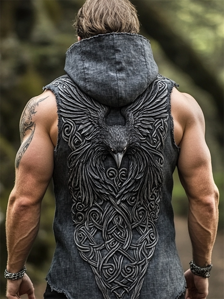 Men's Viking Raven Celtic Art Linen Hooded Vest