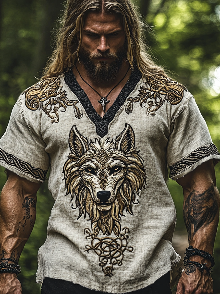 Men's Viking Wolf Print V-neck Short Sleeved Linen Blend T-shirt