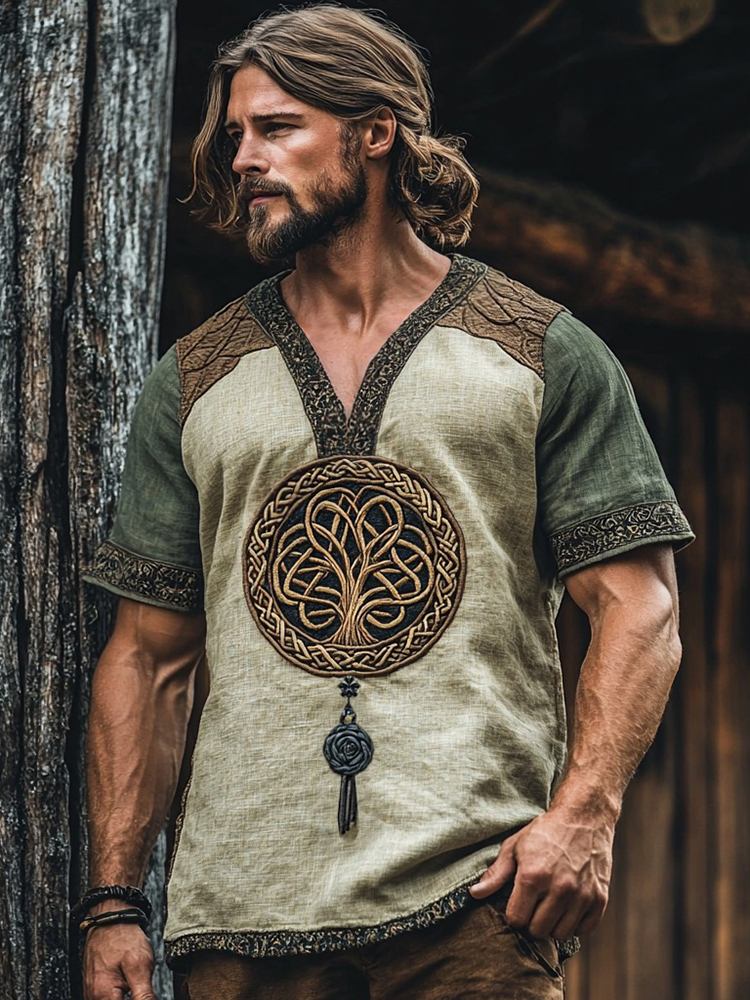 Men's Viking Life Of Tree Celtic Knot Art Linen V-neck T Shirt