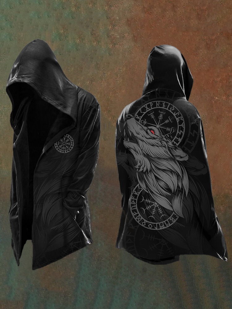 Men's Viking Mythology Wolf Print Vintage Hooded Jacket