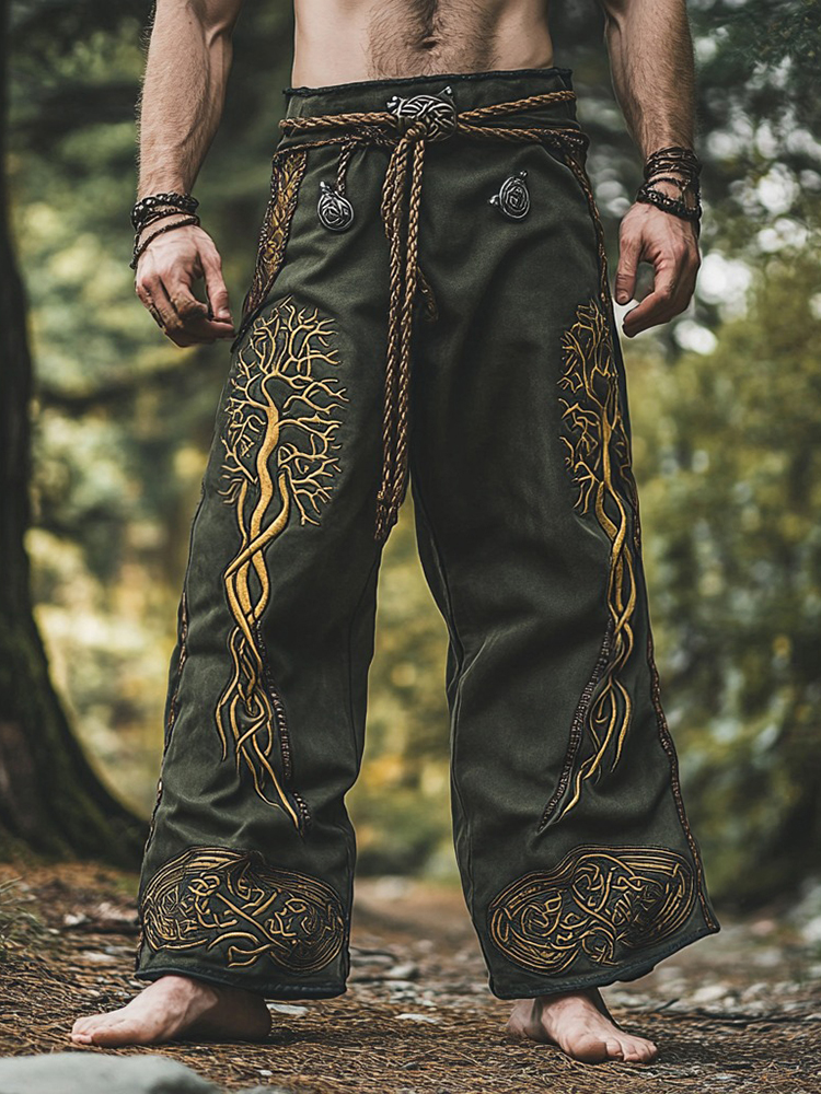 Vintage Viking Life Of Tree Embroidery Art Linen Loose Wide-leg Pants