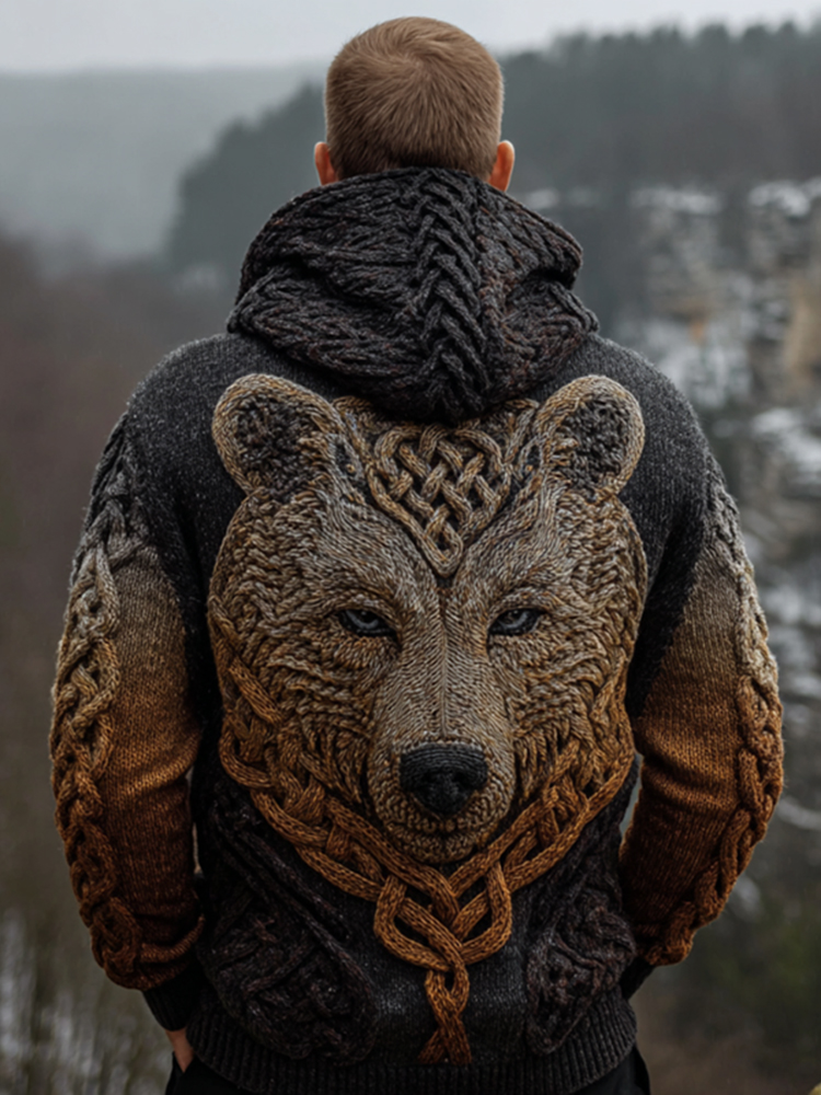 Men's Viking Bear Style Celtic Thick Zip-up Hooded Sweater