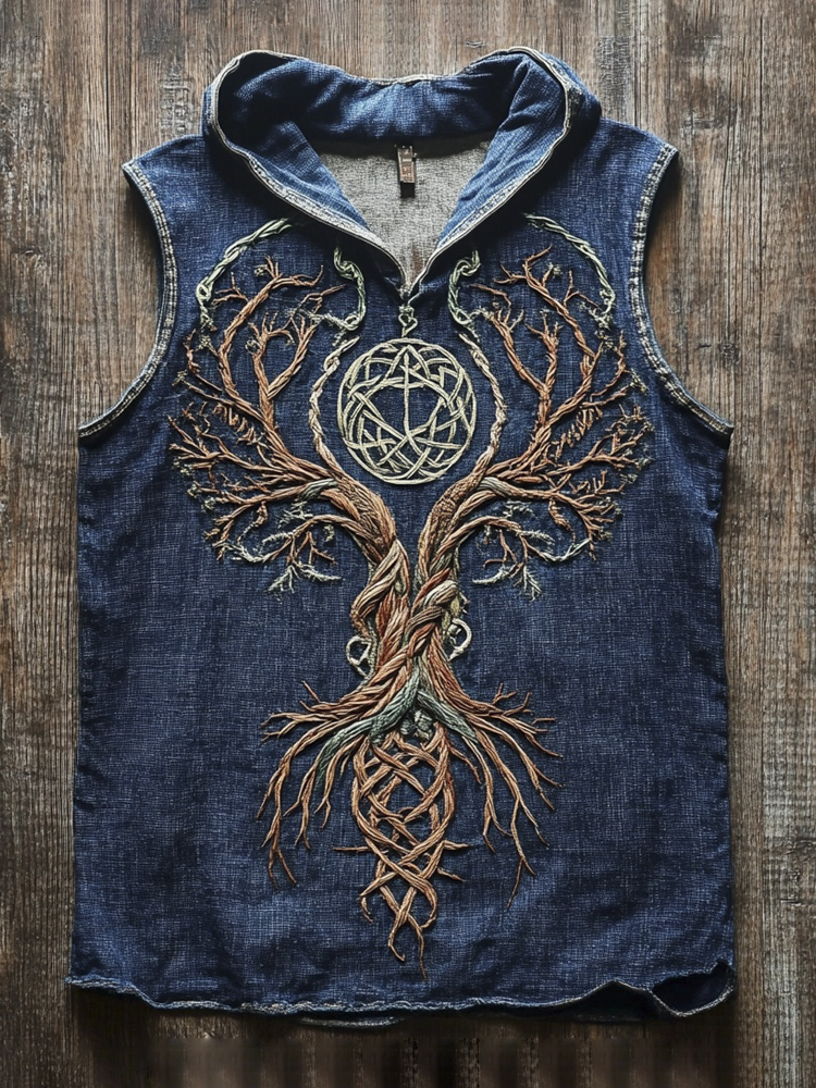 Viking Tree Of Life Vintage Embroidered Men's Hooded Tank Top