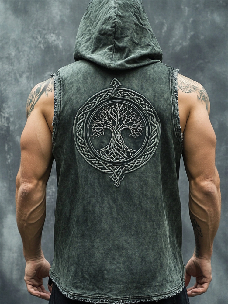 Men's Viking Celtic Tree Of Life Washed Hooded Tank Top