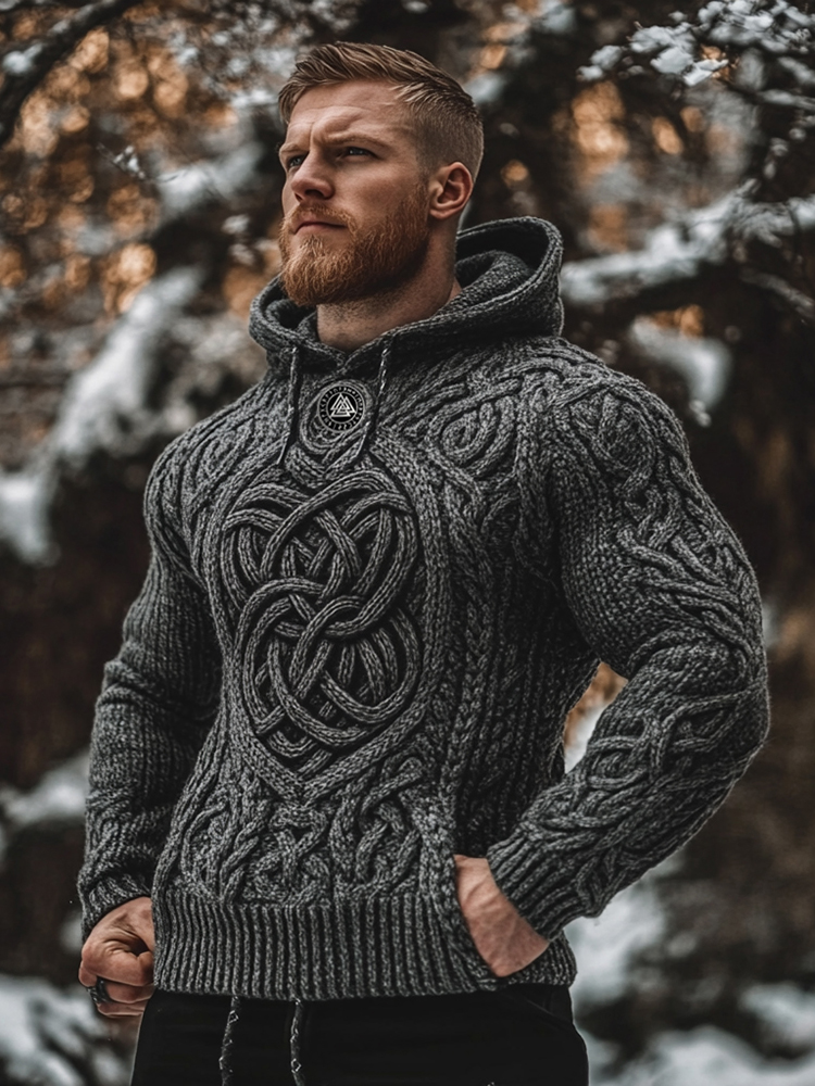 Men's Viking Style Celtic Knot Jacquard Knit Hooded Sweater