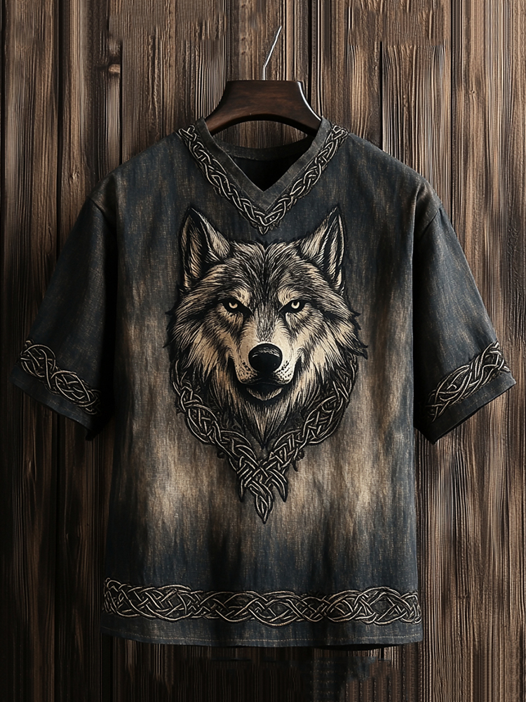 Men's Viking Celtic Wolf Art Linen T-shirt