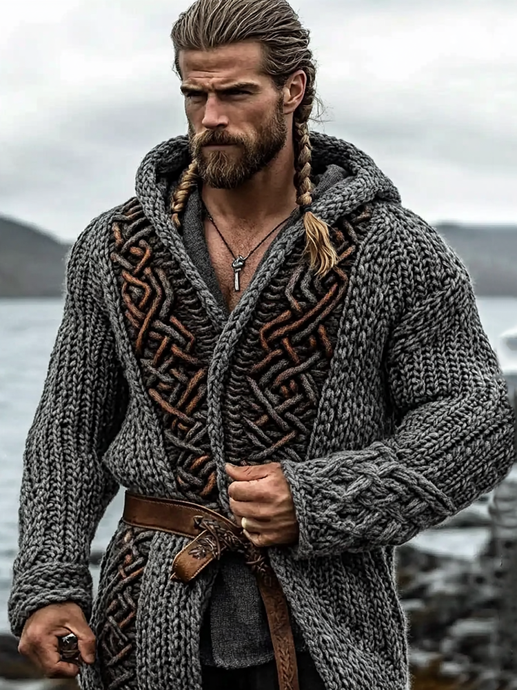 Men's Viking Tribal Wings Celtic Knit Cozy Hooded Jacket