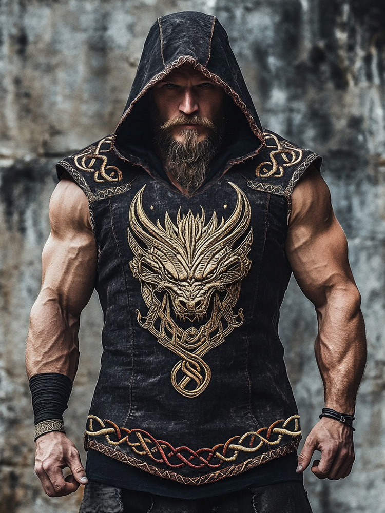 Men's Viking Dragon Celtic Hooded Linen Vest