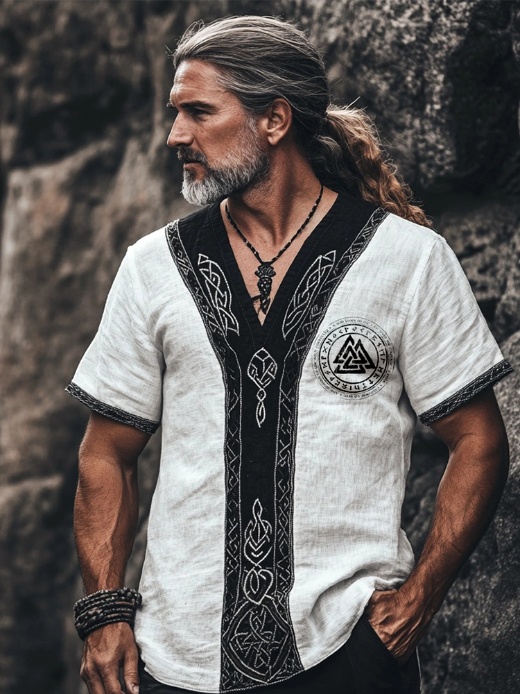 Men's Vintage Viking Inspired Contrast Linen T Shirt