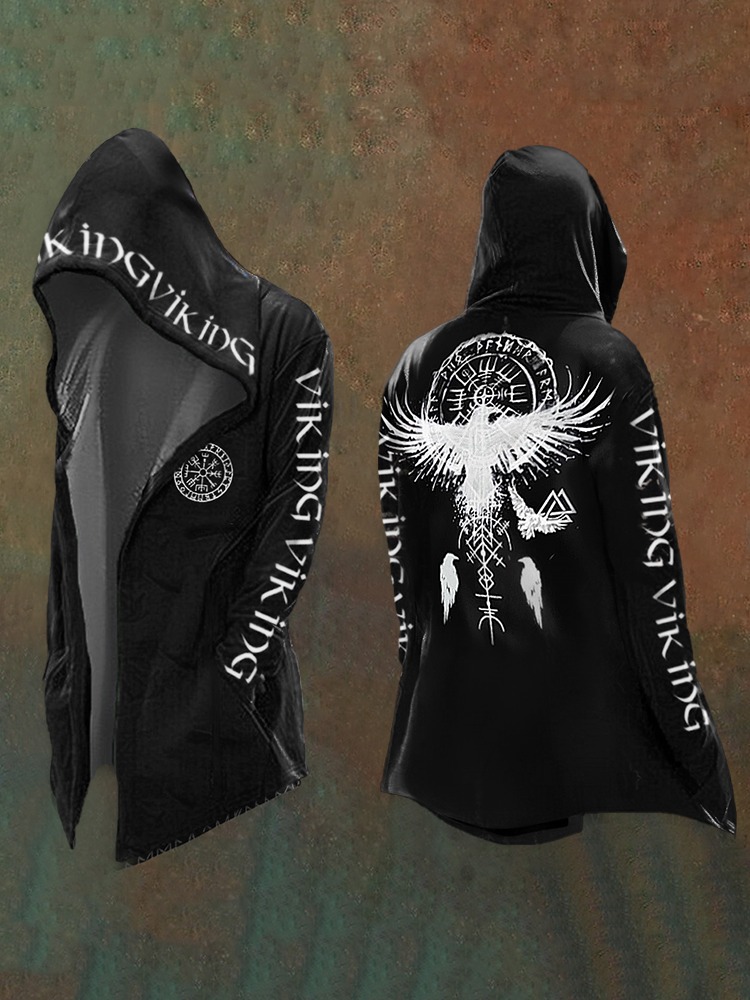Men's Viking Totem Art Print Vintage Hooded Jacket