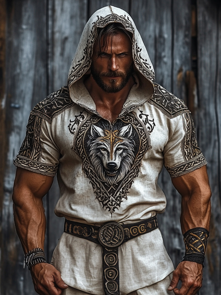 Men's Viking Wolf  With Celtic Knot Art Pattern Hooded T-shirt