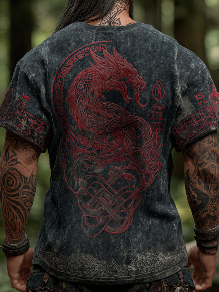 Men's Retro Viking Dragon Rune Loose Fit T-shirt