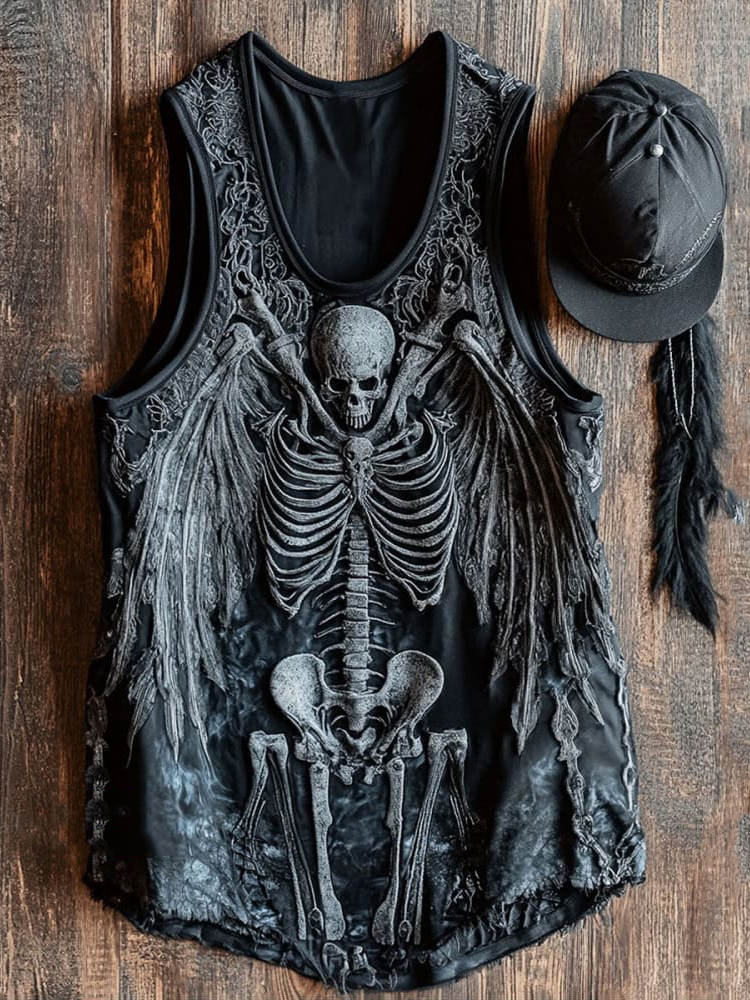 Men's Skeleton Print Viking Rune Leather Lounge Tank Top