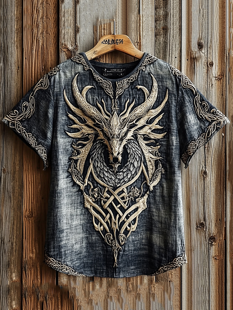 Men's Viking Celtic Wolf Head Washed Contrast Color Linen T-shirt