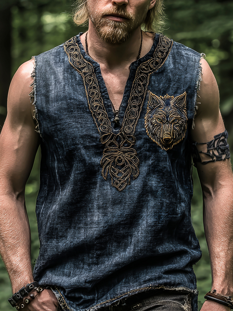 Men's Vintage Viking Wolf V Neck Casual Tank Top