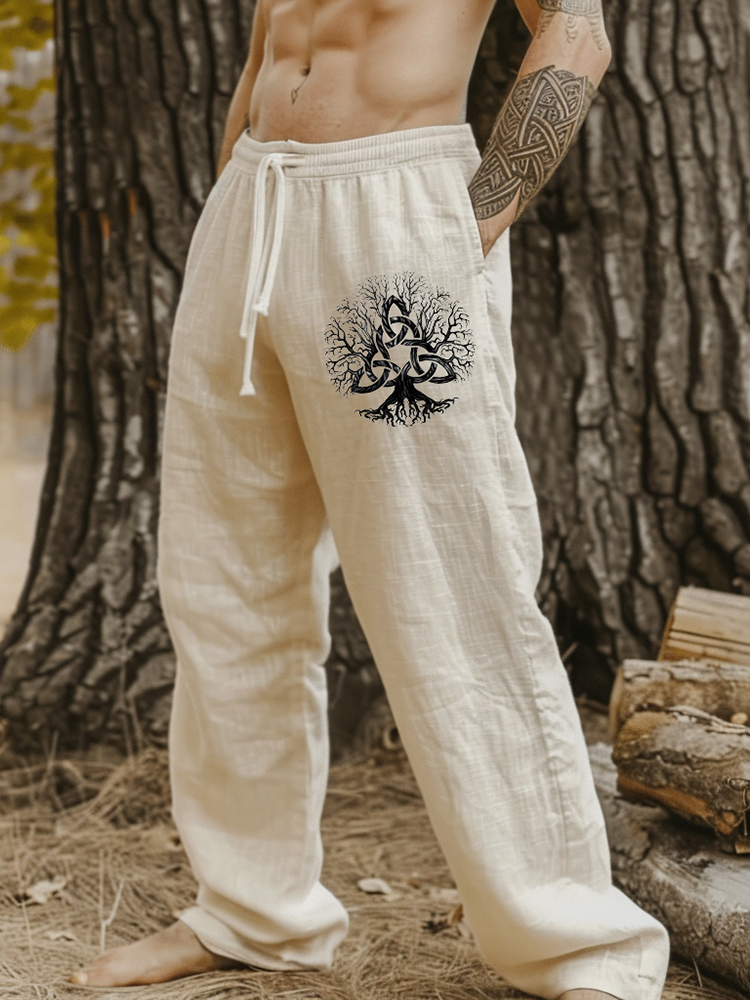 Vintage Viking Tree Of Life Art Linen Loose Wide-leg Pants