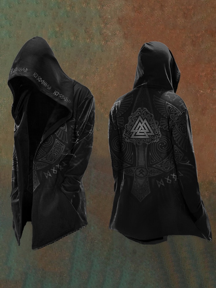 Men's Vikings Mythology Vegvisir Symbol Printed Vintage Hooded Jacket