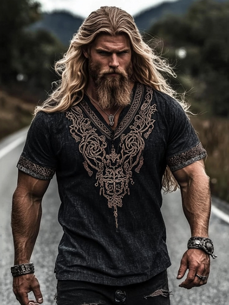 Men's Retro Viking Celtic Knot Art Linen Casual T-shirt