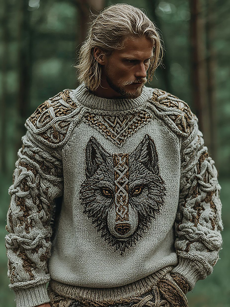 Men's Vintage Viking Wolf Pattern Knit Pullover Sweater