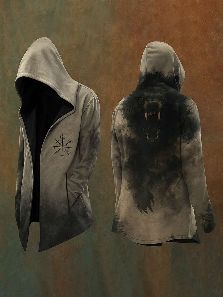 Men's Viking Wood Runes Fenrir Wolf Vintage Nordic Totem Hooded Jacket