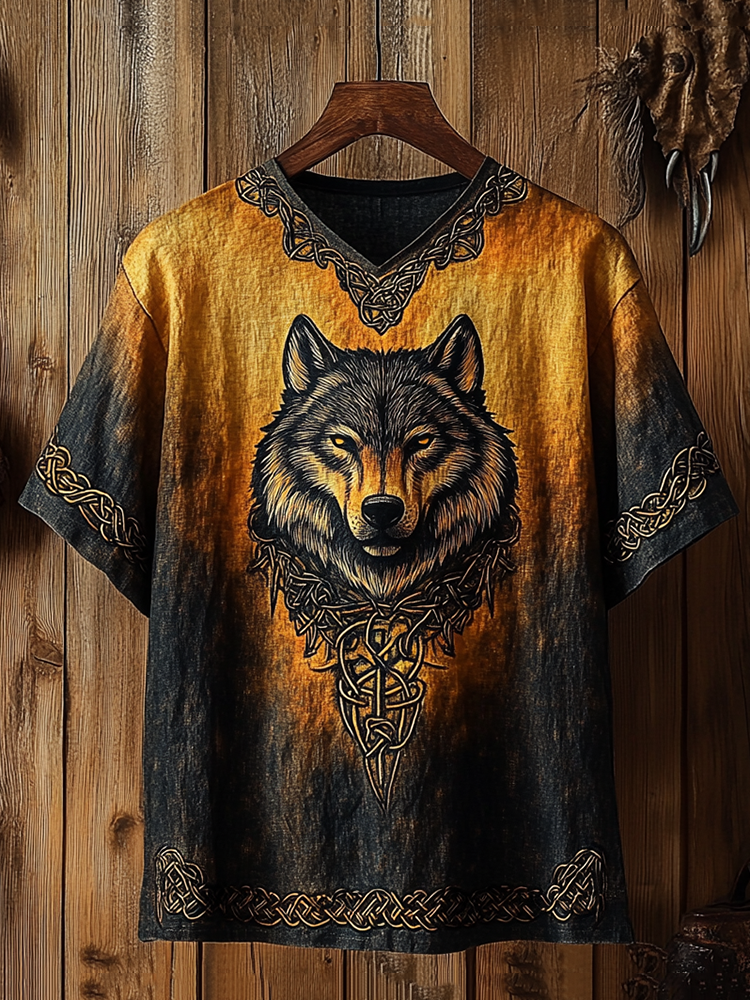 Men's Viking Celtic Wolf Art Gradient Linen T-shirt